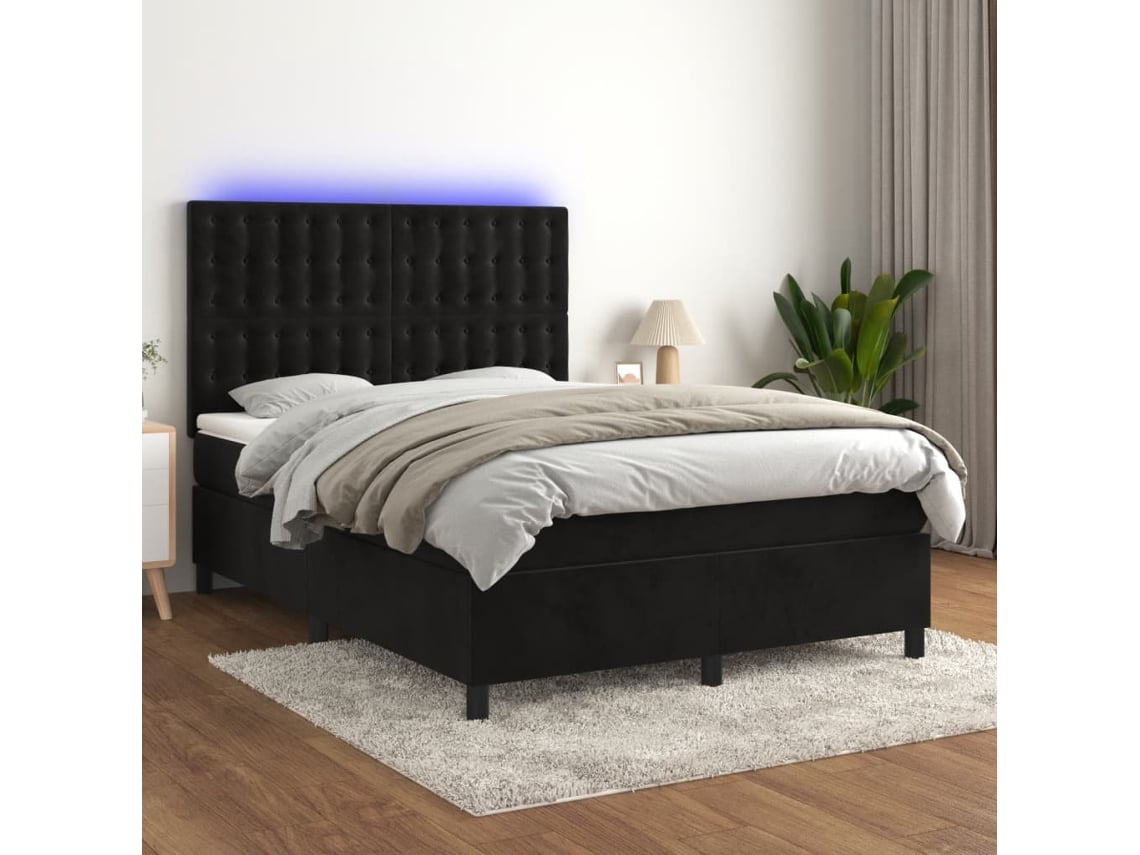 Cama Box Spring Colchón Y Led Terciopelo Negro 140x190 Cm