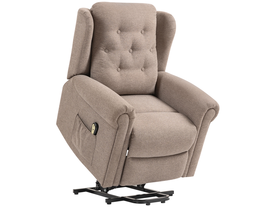 Sillón reclinable eléctrico para personas con control remoto, alto y capitoné en color marrón claro.