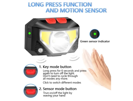 BISBISOUS Wjt525 Linterna Frontal Recargable Led Brillante 800Lm Rojo Blanco Sensores De Movimiento Ipx4 Negro