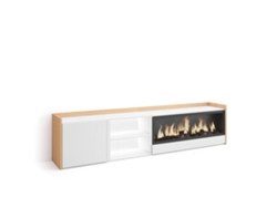 Mueble para TV, 212x35x50cm, para televisores de hasta 80'', chimenea eléctrica XXL, LED, blanco y roble claro.