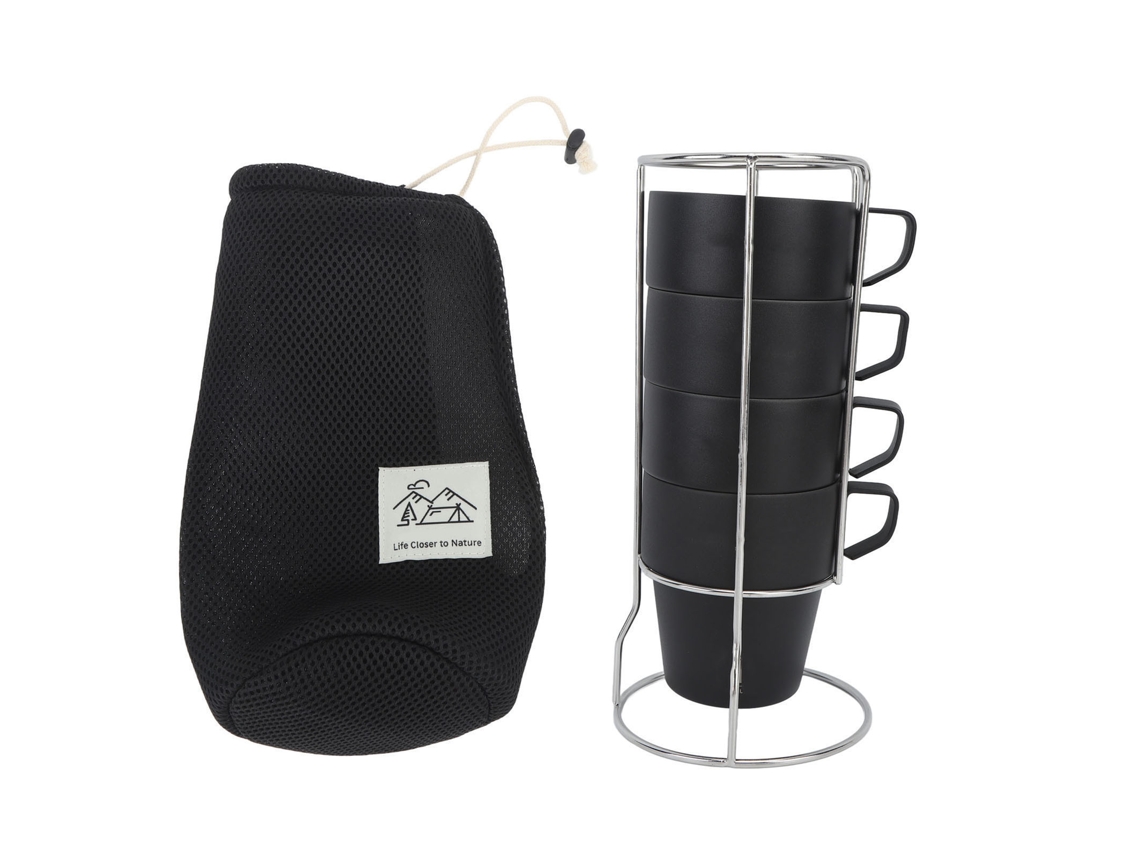 Juego De Tazas De Café Apilables De Acero Inoxidable Negro Con Aislamiento Térmico Y Soporte Metálico Para Acampar.
