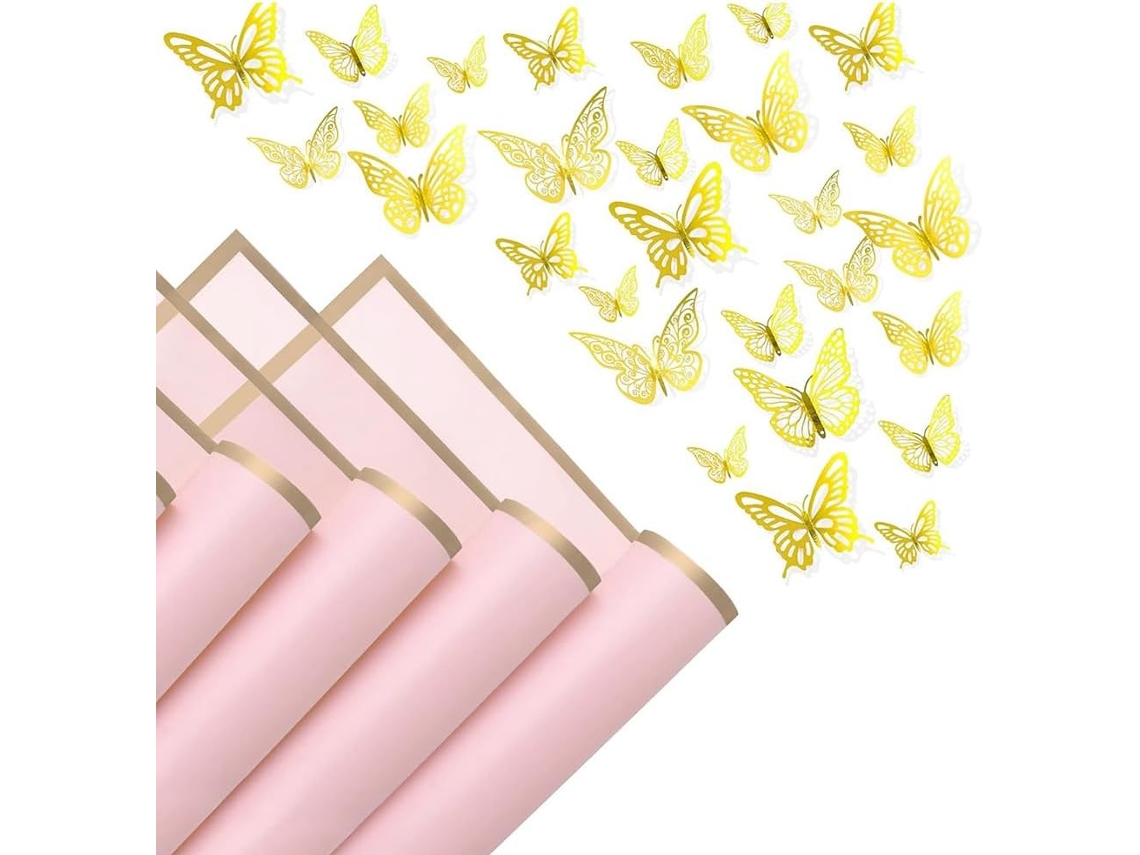20 Hojas De Papel De Regalo Floral Con Borde Dorado Y 48 Pegatinas.