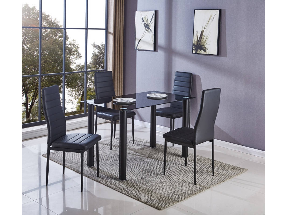 Conjunto de Mesa con 4 Sillas SALDOS Y STOCK Negro (Cristal Templado y Cuero Sintético - 110X70 cm)