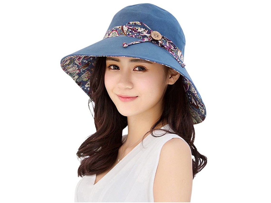 2026-sombrero De Sol Para Mujer Linjou De Algodón Con Visera Ancha Upf 50+ Plegable Protector Uv Azul