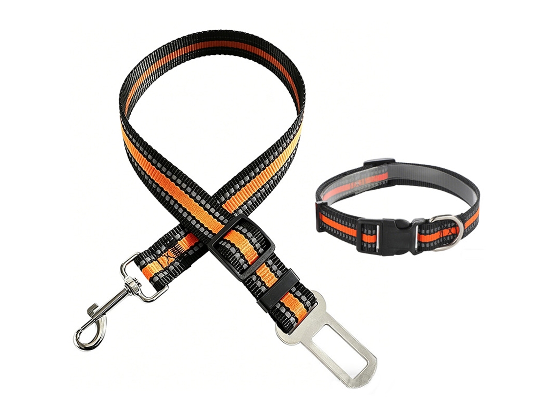 Cinturón De Seguridad Para Coche + Collar Naranja Reflectante, Anti-desgaste, Gancho Giratorio, Seguro Para Perros Y Gatos