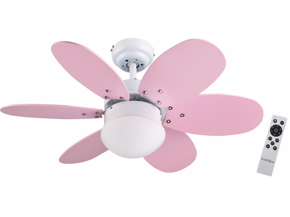 BASTILIPO - Ventilador de techo con motor DC, mando a distancia, 75cm Ø, 6 aspas, rosa/celeste, luz LED 3 tonos, chasis blanco, ALGARVE DC