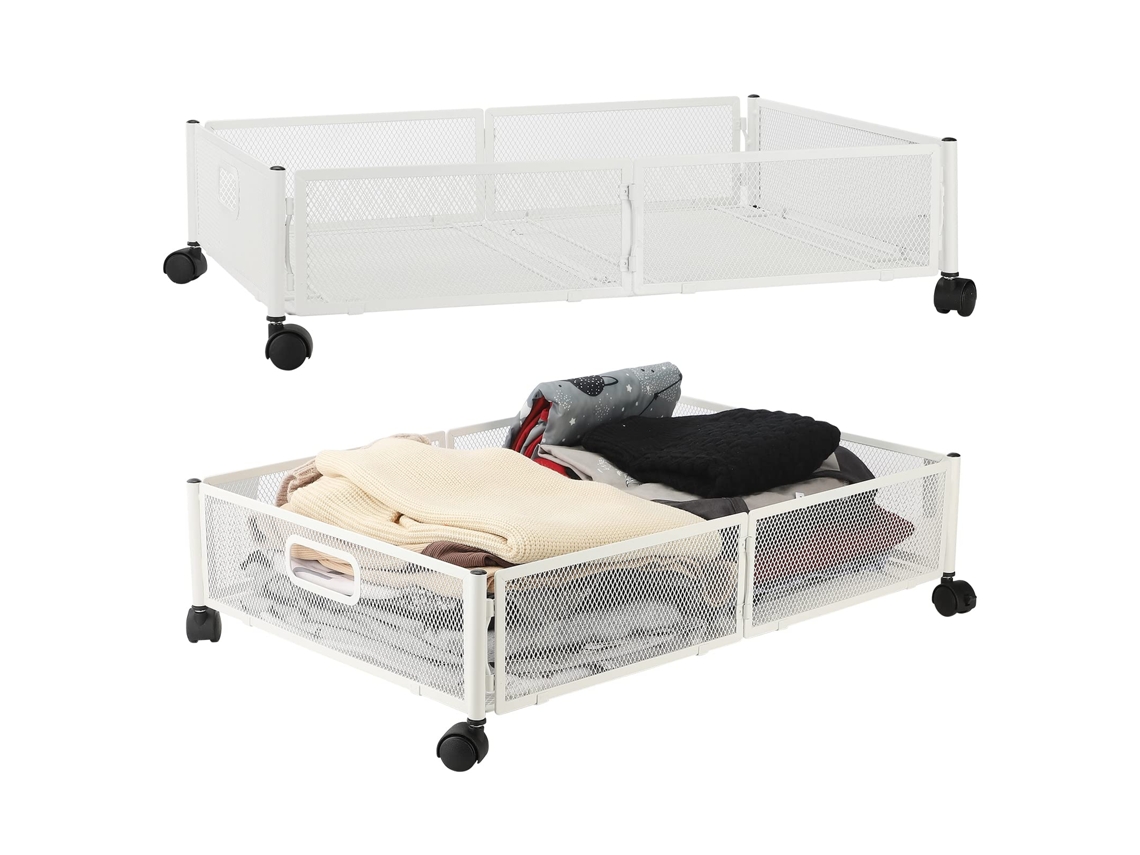Lote de 2 cajas de almacenaje bajo la cama con ruedas, montaje sin herramientas, material metálico, color blanco, Btforus