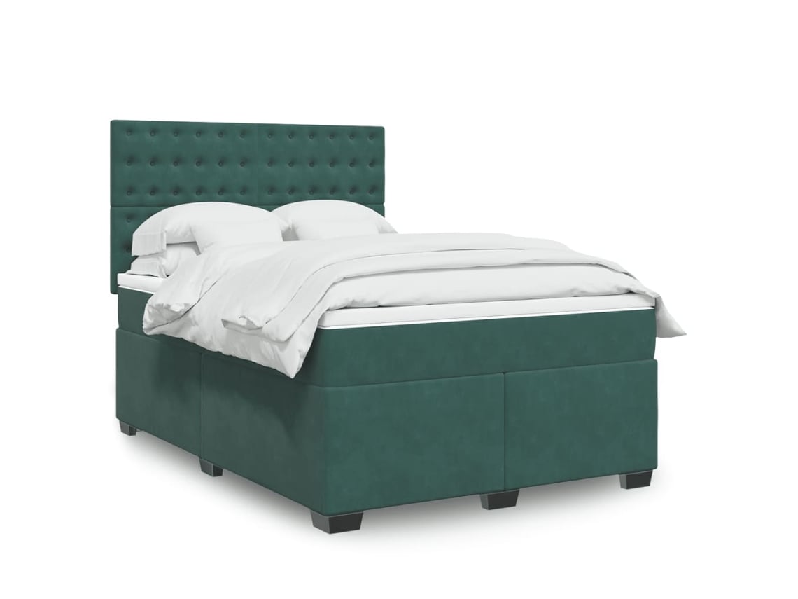 Cama Box Spring Con Colchón Terciopelo Verde Oscuro 140x200 Cm