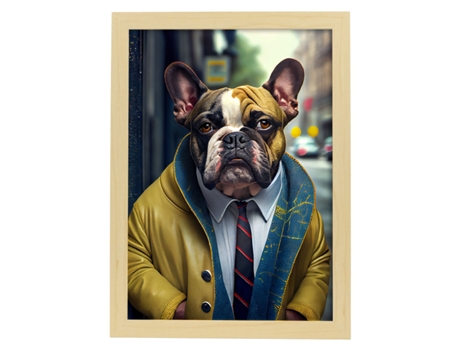 NACNIC Lámina Bulldog De Amarillo Curioso En Fotografía A Todo Color Divertidas Ilustraciones Realistas De Animales Con Ropa Humana A4 Marco Madera