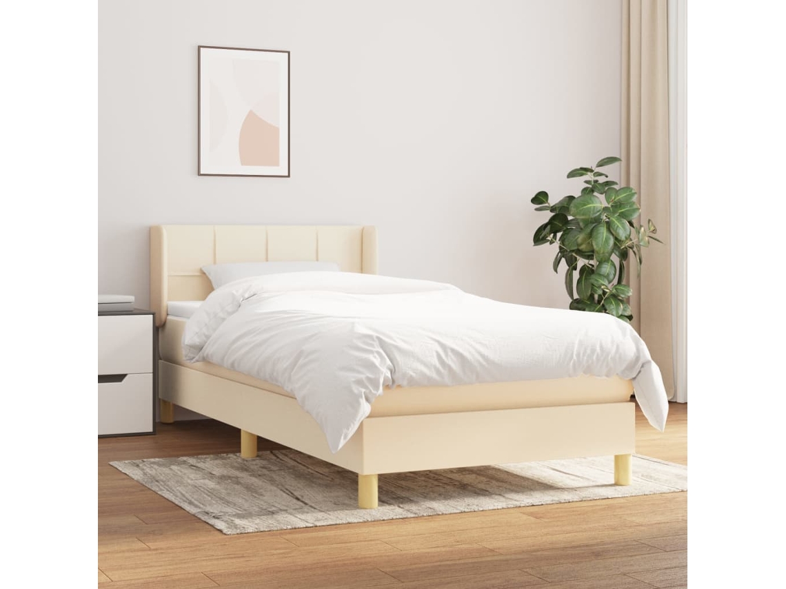 Cama Box Spring Con Colchón Tela Color Crema 90x200 Cm