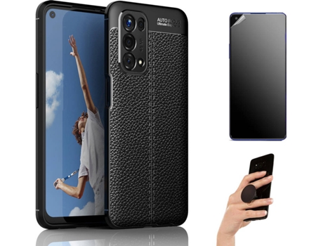 Kit Carcasa Y Protector Oppo A74 4G Ultimatte Rugged Leather Y Popsocket Negro