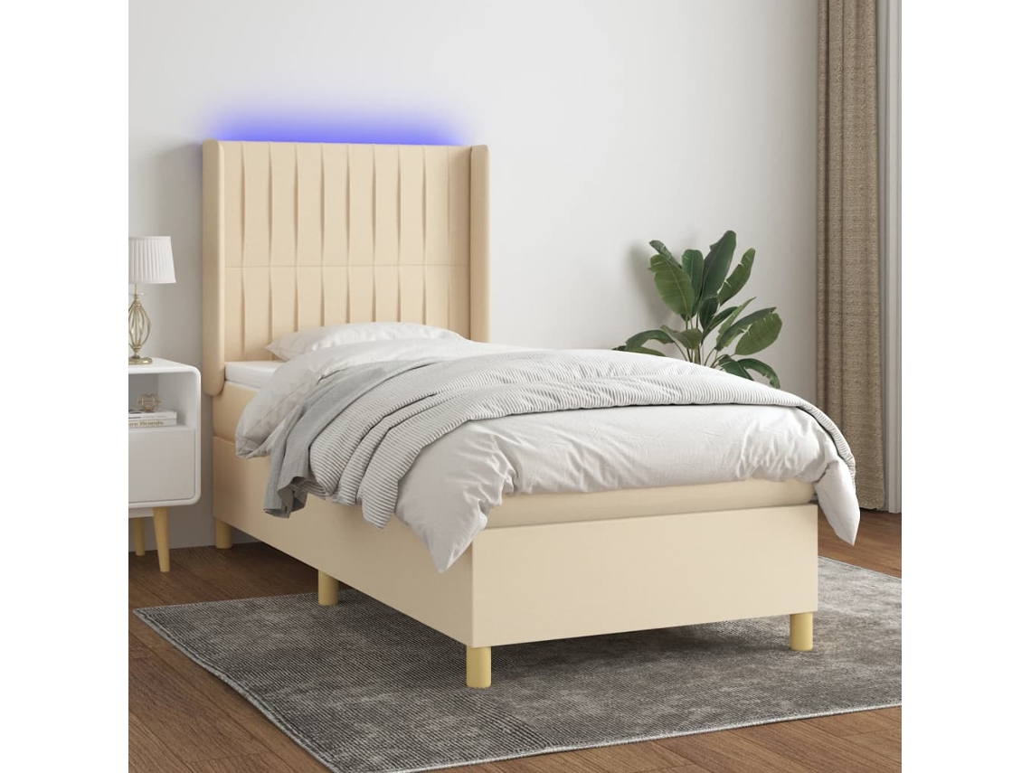 Cama Box Spring Colchón Y Luces Led Tela Crema 80x200 Cm