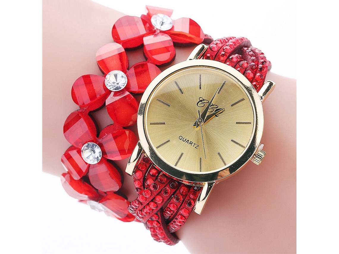 Reloj De Pulsera De Cuarzo Elegante Para Mujer Ccq Con Diamantes De Imitación Florales - Moda (rojo)