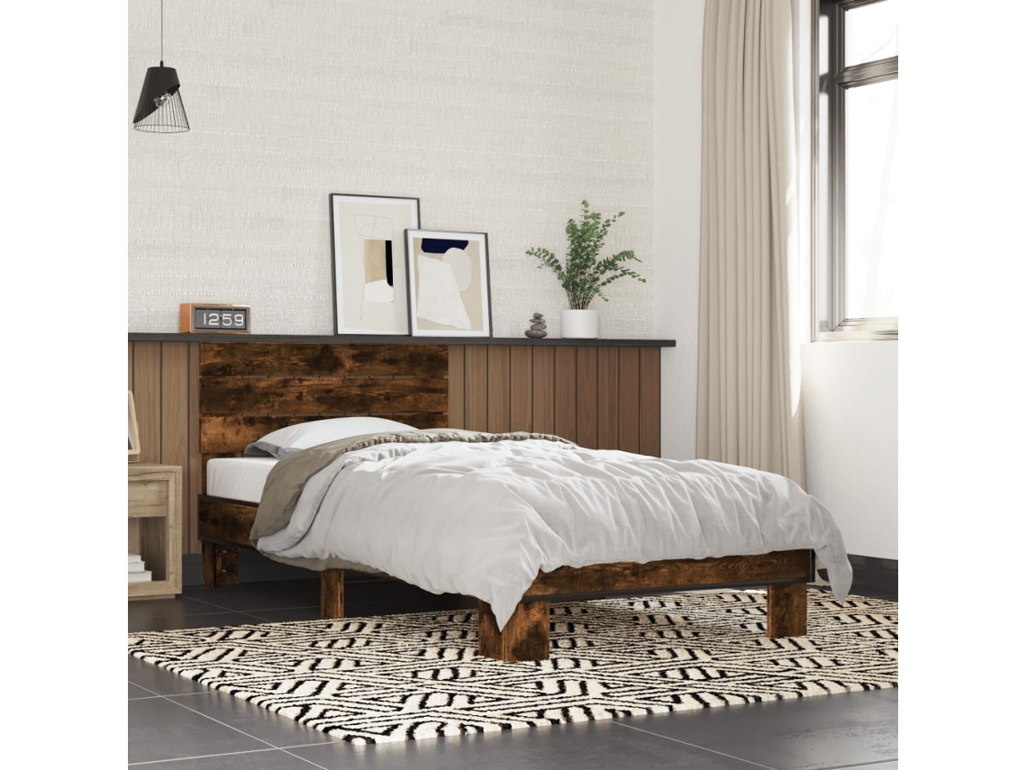 Estructura Cama Madera Ingeniería Metal Roble Ahumado 90x200 Cm