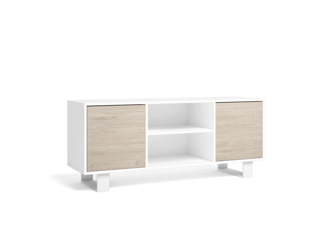 Mueble Tv 140 Con 2 Puertas, Modelo Wind, Color Blanco Y Roble, 137x40x57cm