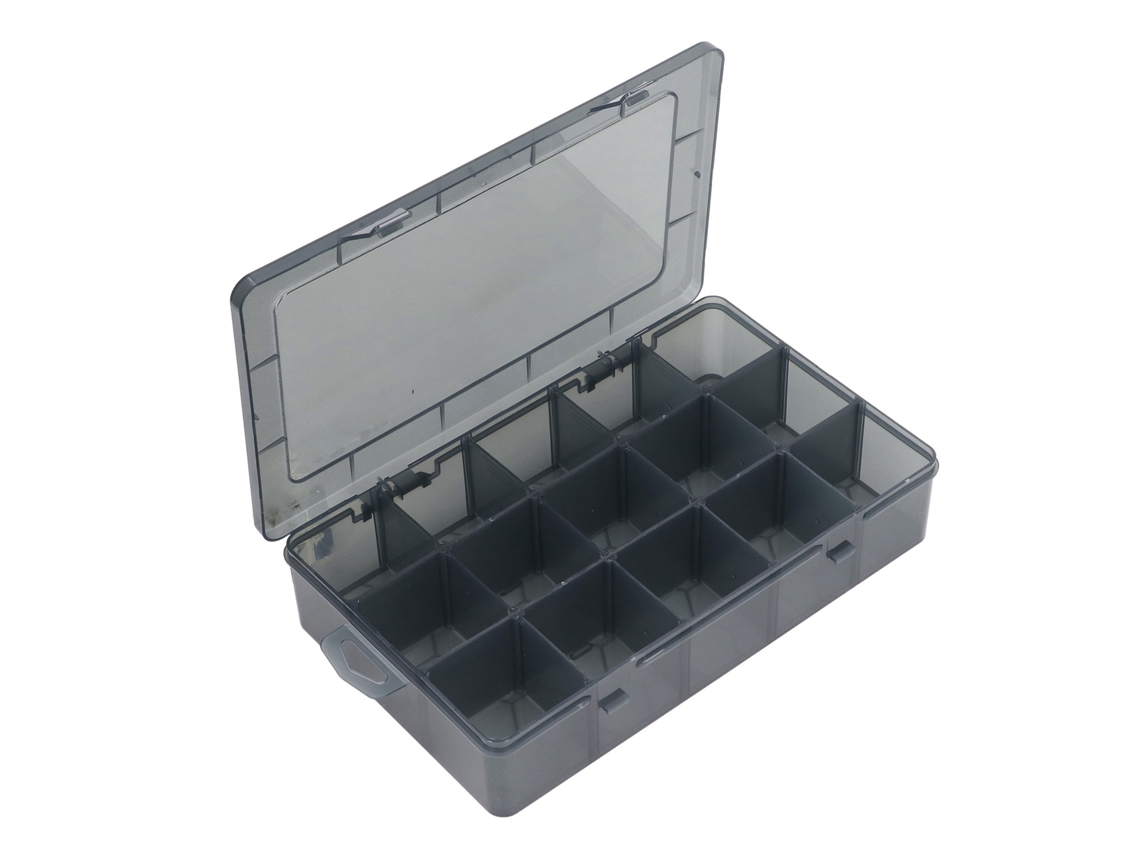 Caja de almacenamiento con sistema de clasificación, 15 estantes transparentes y separadores extraíbles para piezas, tornillos y tuercas.