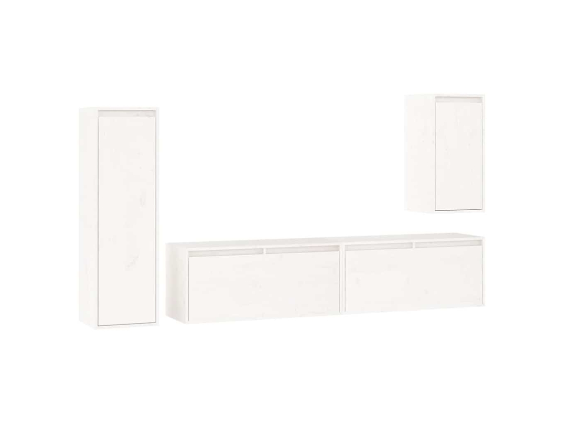 Mueble de TV de 4 piezas, madera maciza de pino, blanco, EXCLUSIVO DE LA CASA