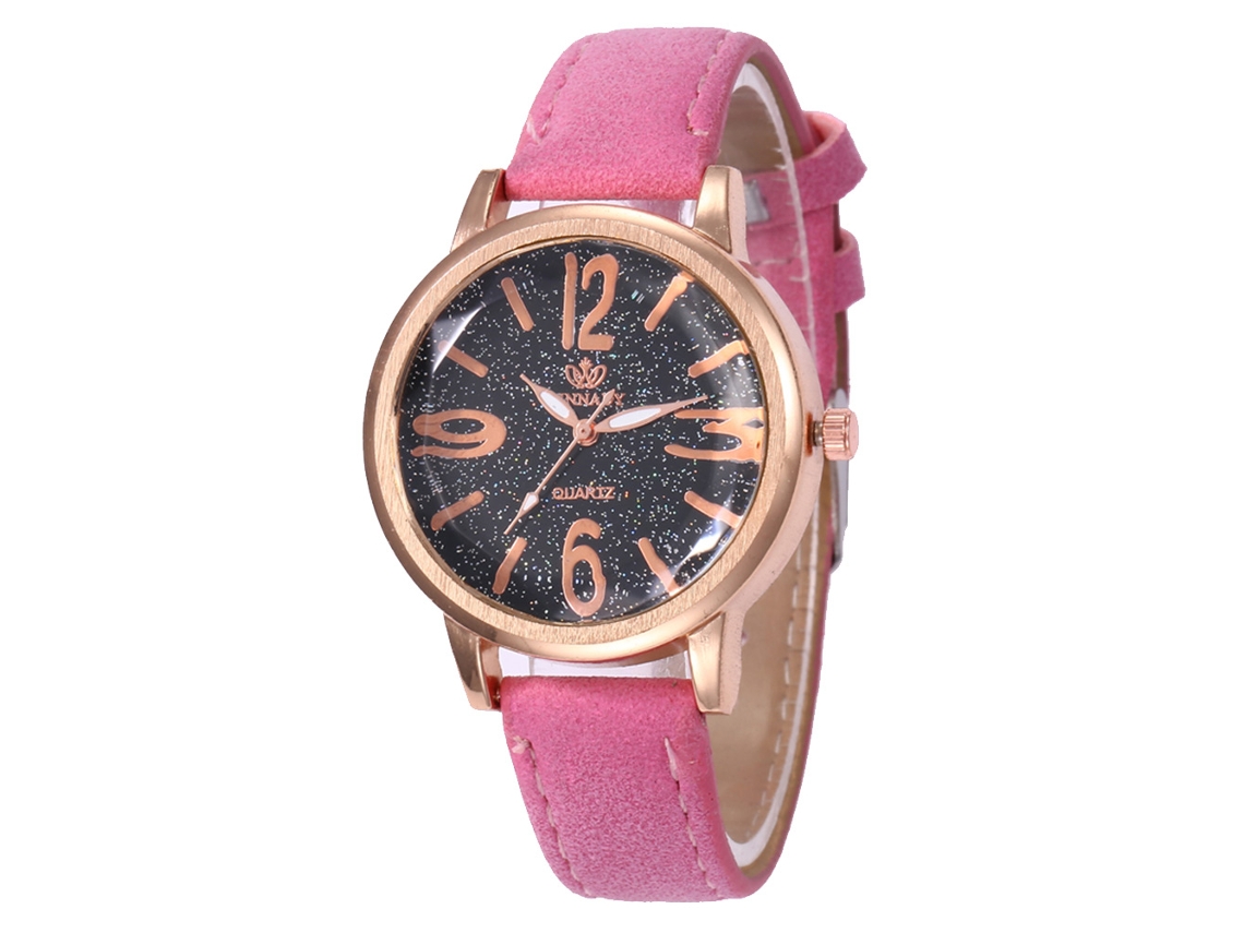 Reloj De Cuarzo Con Correa De Cuero Estilo Moderno Dial Redondo Decoración Rosa