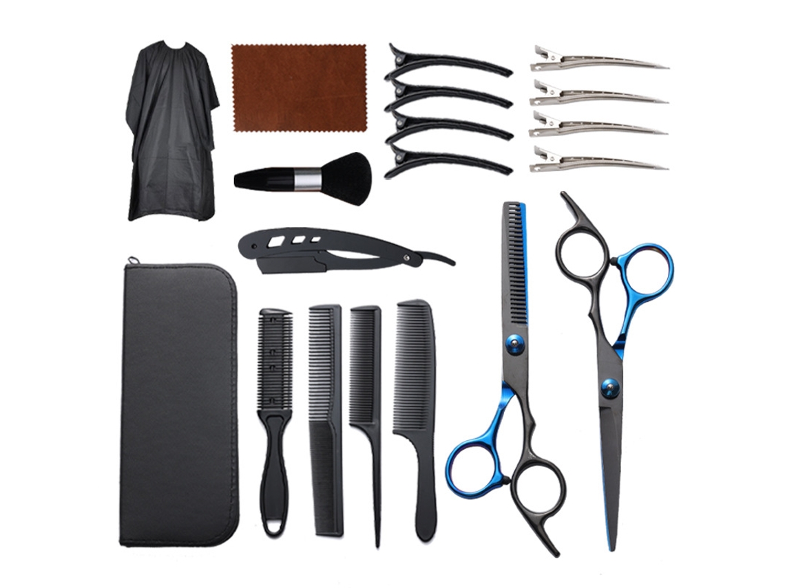 Kit de 19 tijeras para cortar el cabello para uso en salones de belleza y barberías, Digitallab Y2, negro y azul.