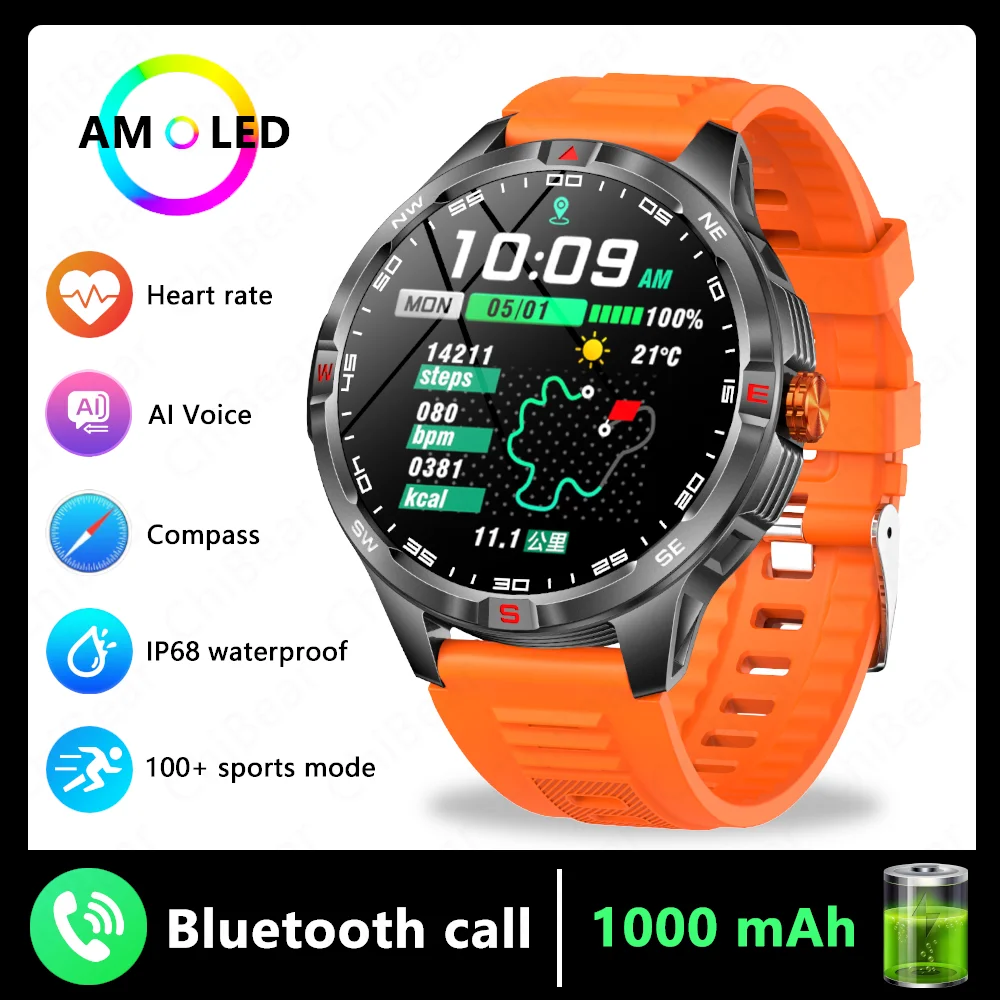 Reloj inteligente MDUG con navegación GPS, brújula, resistente al agua, funciones deportivas y de fitness (naranja)