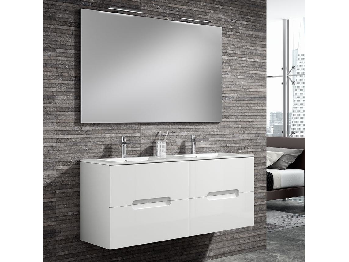 Mueble de baño con Lavabo, Espejo y Aplique LED VICTORIA 120x45 cm acabado Blanco mate 2 cajones suspendido