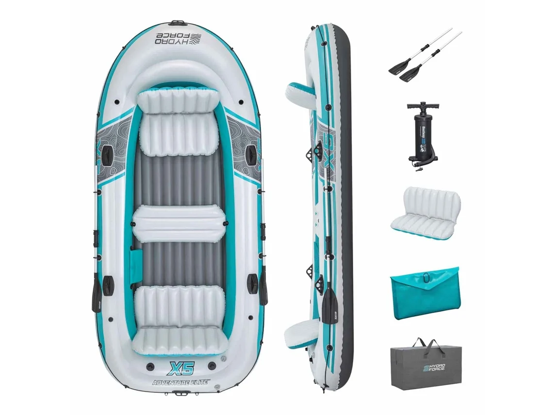 Balsa plegable Bestway Hydro Force Adventure Elite X 5 de 364 x 166 x 45 cm para 5 personas | 2 remos de aluminio de 145 cm | Bomba de mano