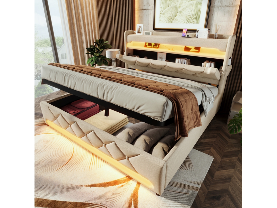 Cama Doble Color Beige De 180x200 Cm, Iluminación Led De 360°, Puerto Usb-c Y Compartimento De Almacenamiento Hidráulico.