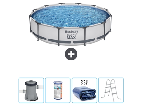 Piscina BESTWAY Round Steel Pro MAX - 366 x 76 cm - Gris - Bomba incluida Filtrar - Vela solar - Escalera