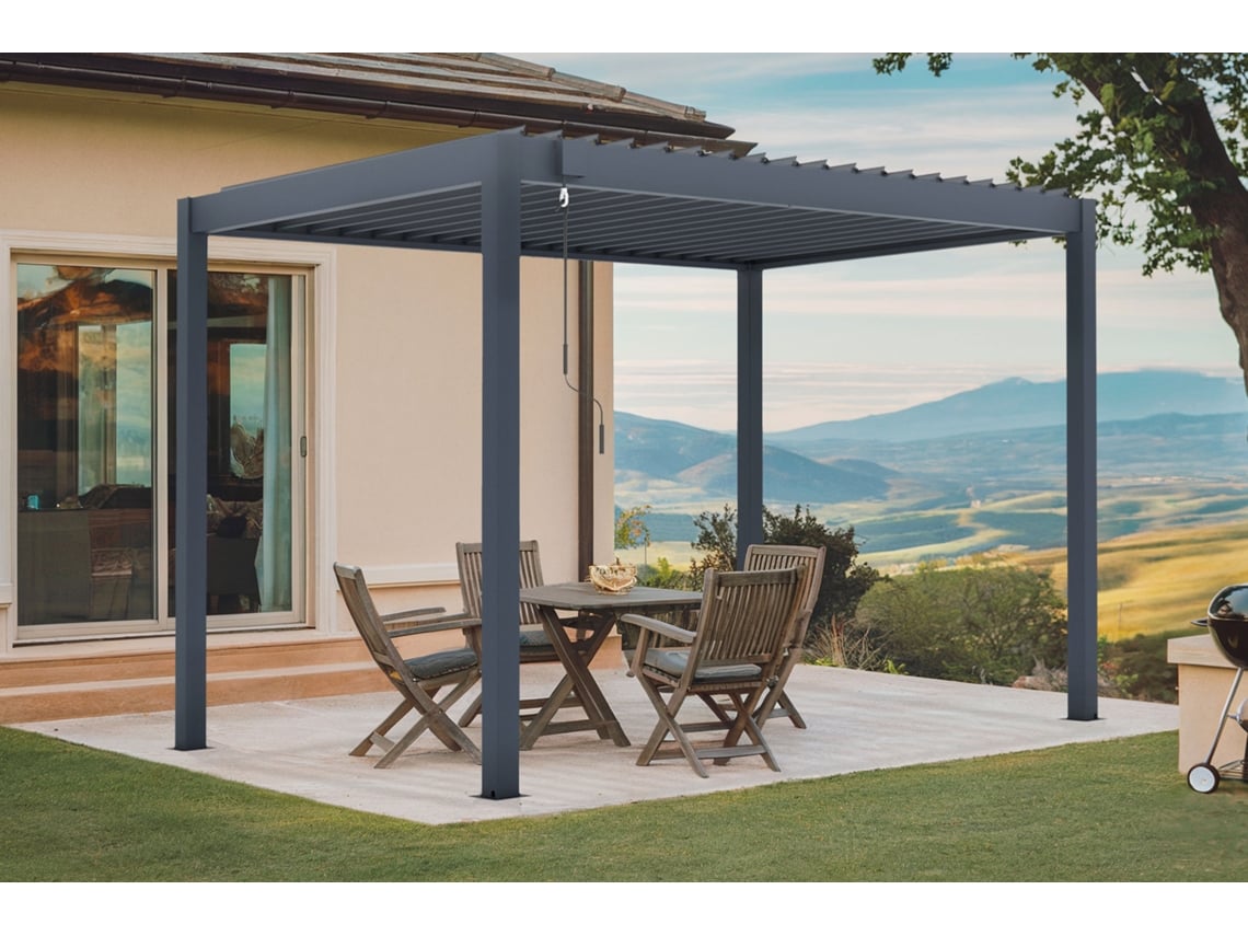 Pérgola Bioclimática Autoportante Piana De 3x2 M En Aluminio Gris Con 3 Paneles De Privacidad.