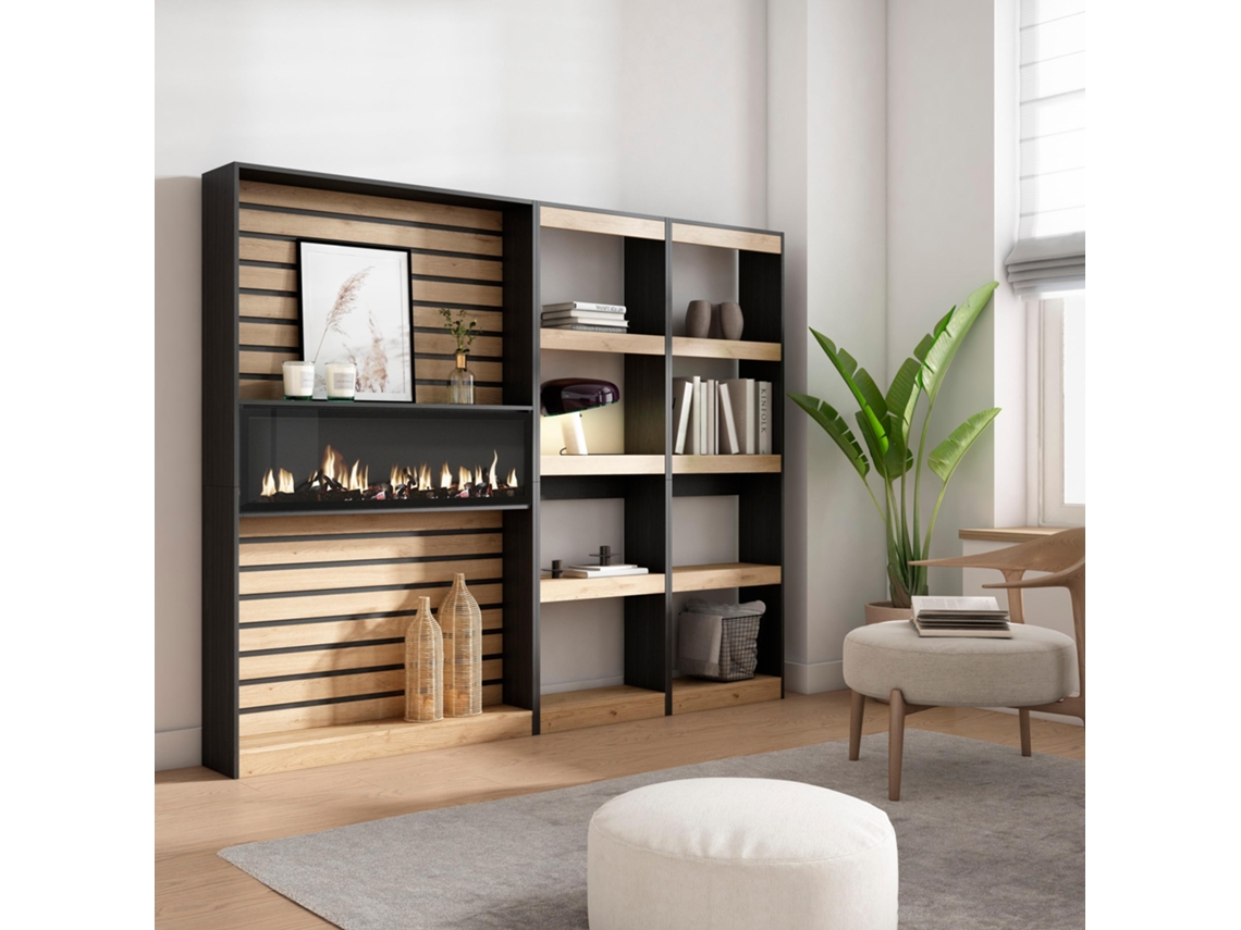 Librería estantería 230x186x25cm Salón Comedor Oficina Chimenea eléctrica Roble y negro