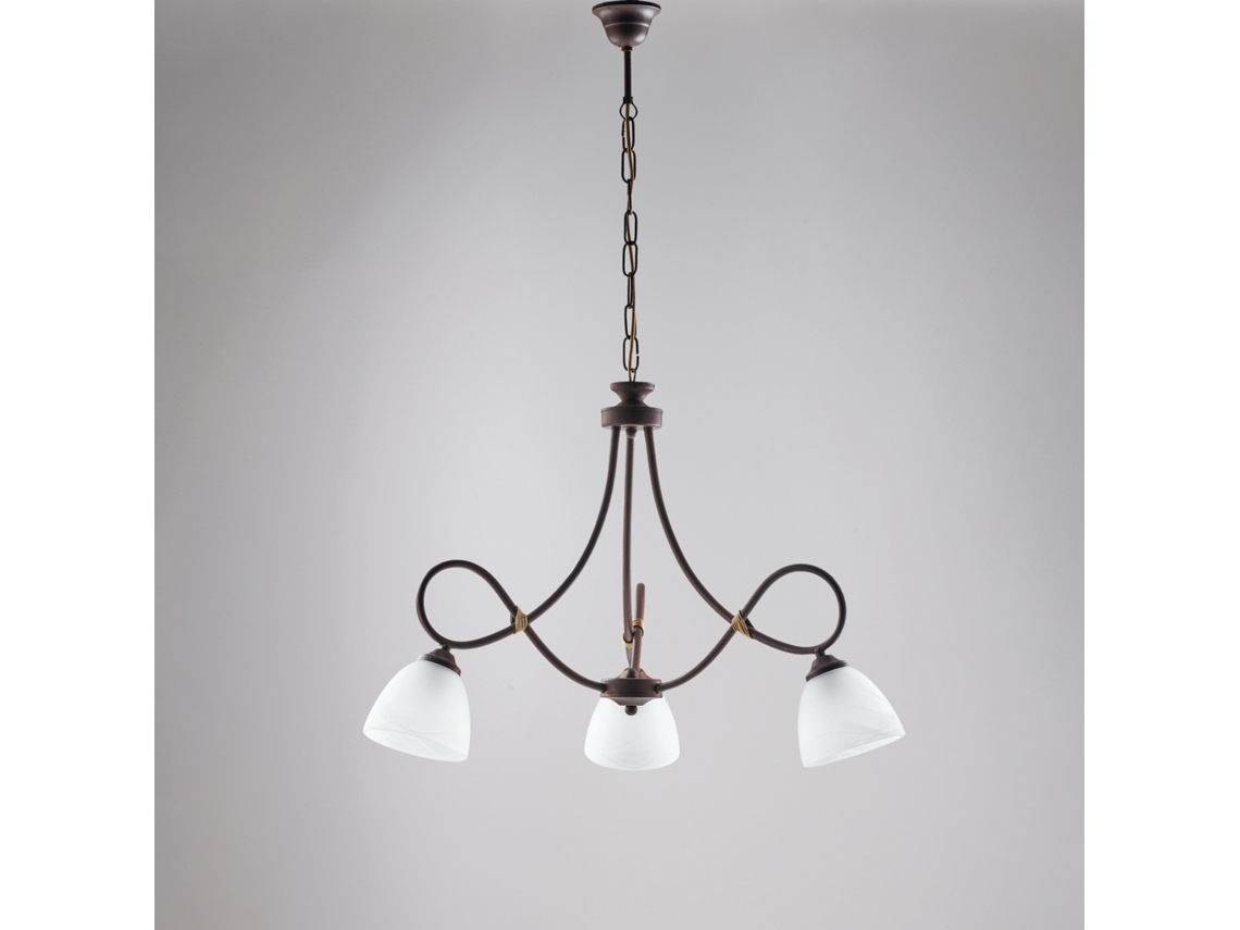 Lámpara de araña Dallas de hierro lacado en negro con efecto óxido Deco y acabado en oro antiguo con difusores de cristal D. 13 Alabastro blanco 3 luces Belight