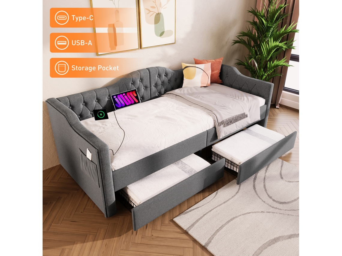 Sofá Cama De 90x200 Cm Con Usb-c, Color Gris Lino Y Cajones.