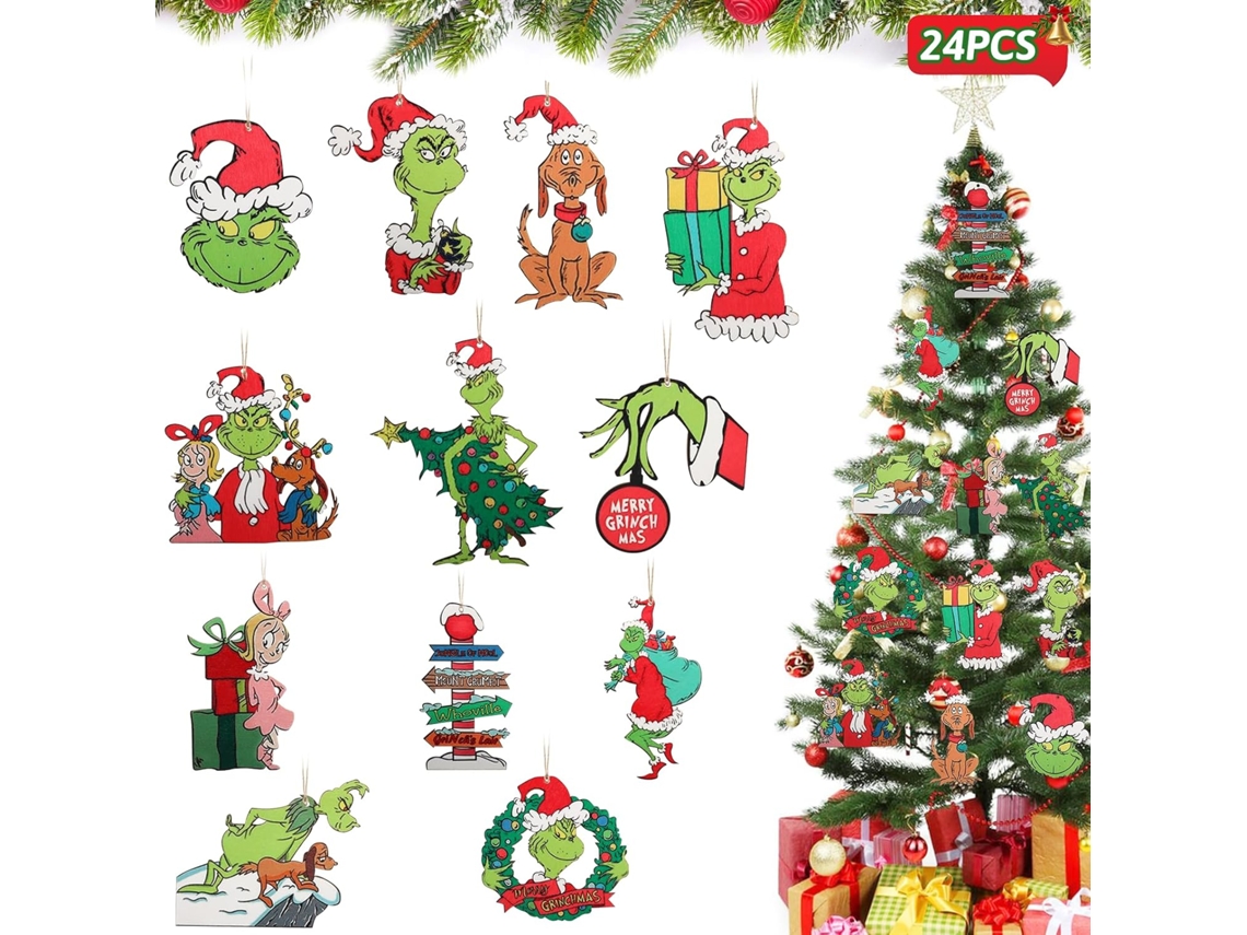 24 adornos navideños de madera del Grinch: adorables decoraciones colgantes para el árbol de Navidad, el hogar y las fiestas.