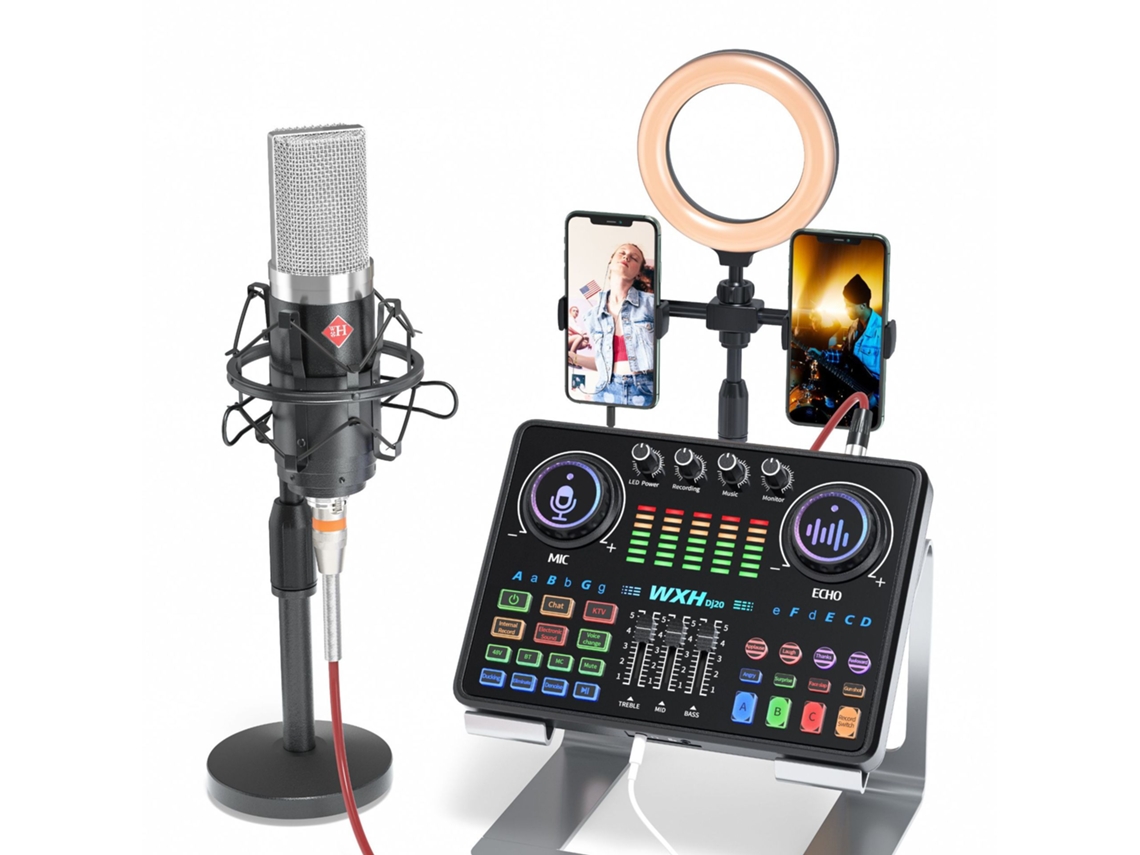 Conjunto de tarjeta de sonido multifuncional Yuysan DJ20, micrófono K8 y luz de relleno BG16, equipo de audio y grabación, blanco y plateado.