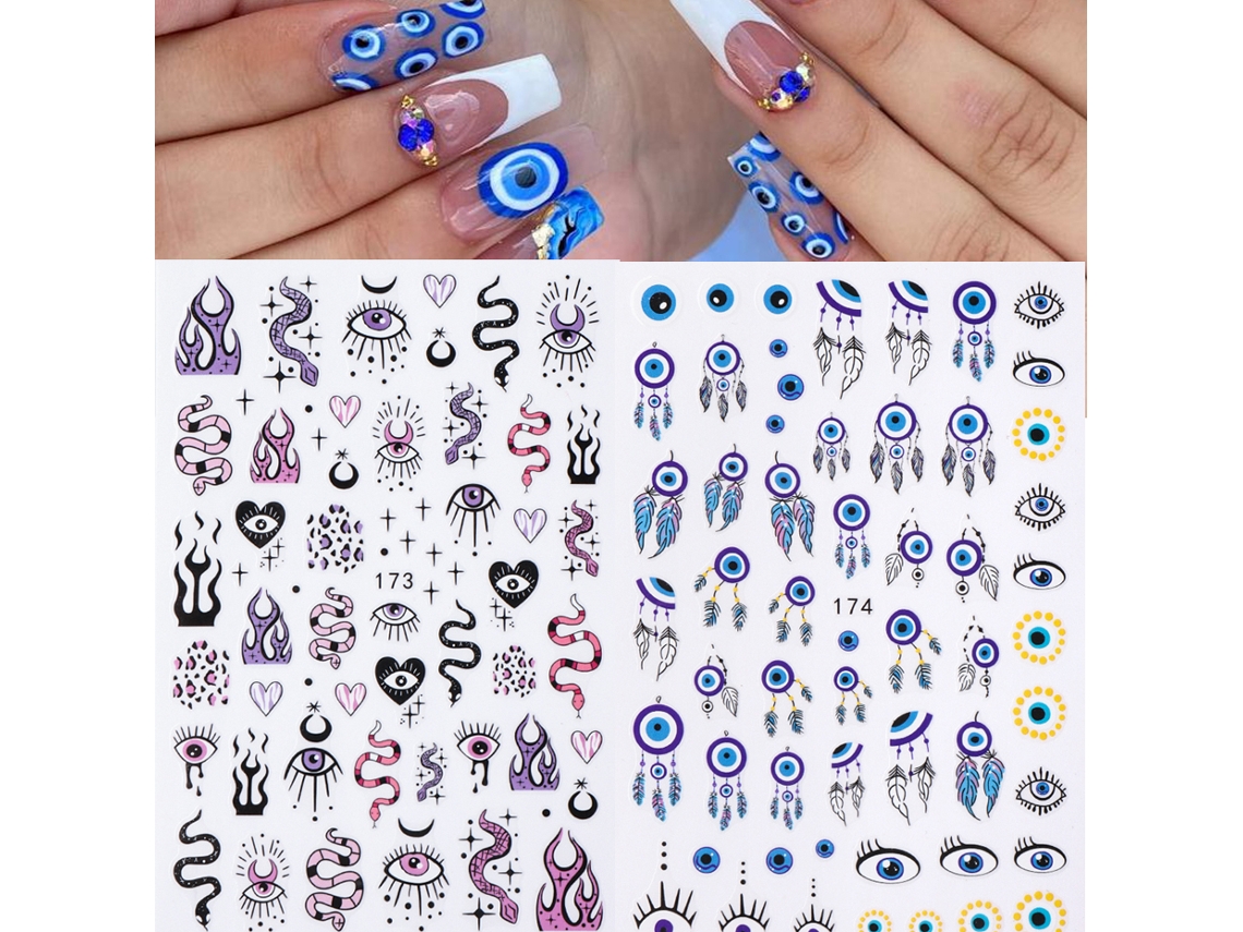 Kit de 2 pegatinas 3D para uñas con diseño de mal de ojo, decoración de uñas para verano.