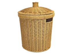 Cubo De Basura Redondo Con Tapa, Aspecto De Mimbre, Estructura De Hierro Resistente, Diseño Moderno.
