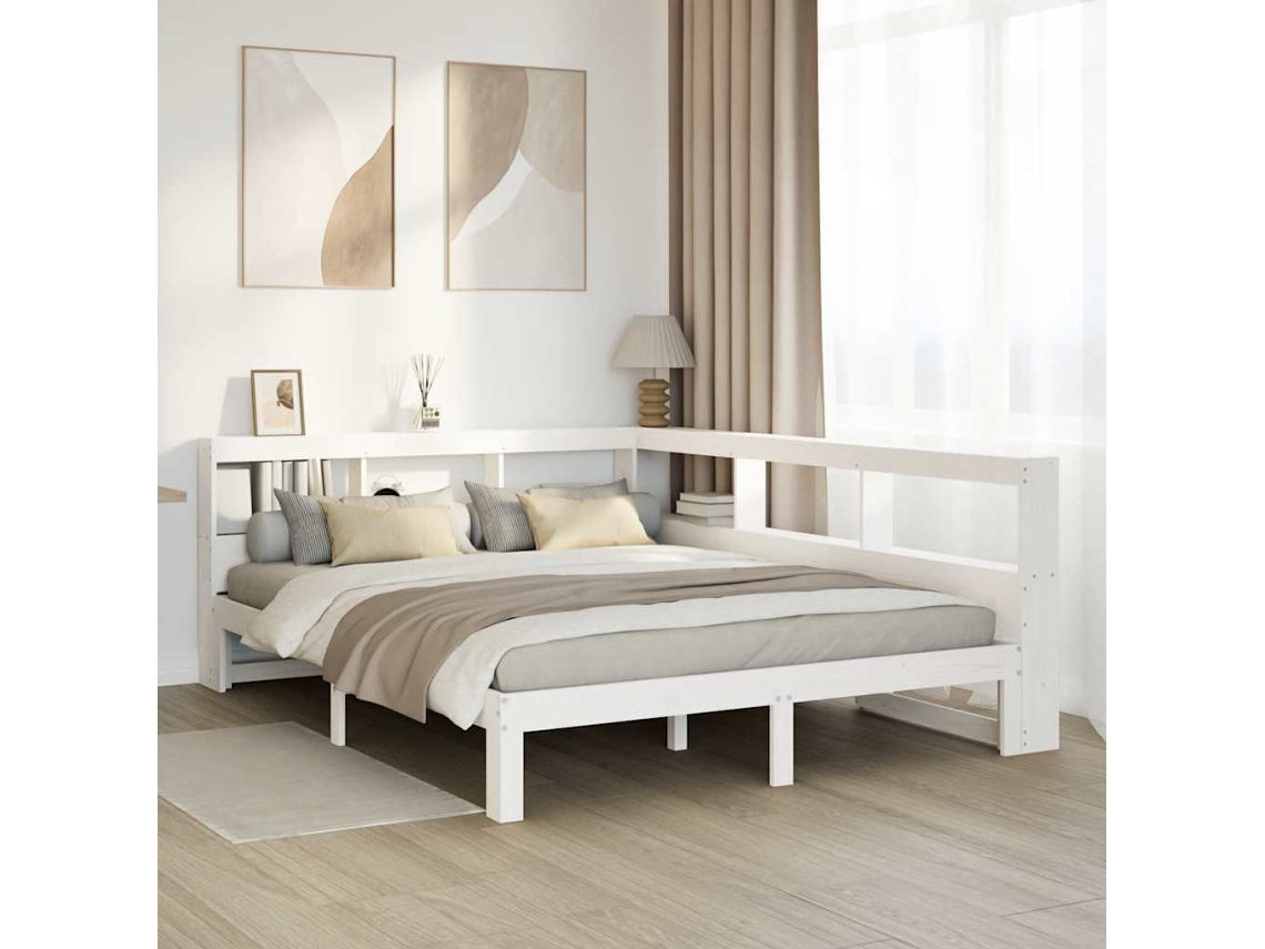 Cama De Matrimonio | Cama Para Adultos | Cama Con Estantería Sin Colchón Madera Maciza Blanca 160x200 Cm