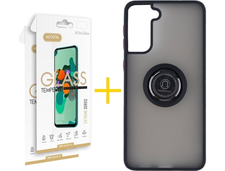 Carcasa y 2 Protectores de Pantalla de Vidrio Samsung S21 Plus ACCETEL Gel Bumper Ring Negro