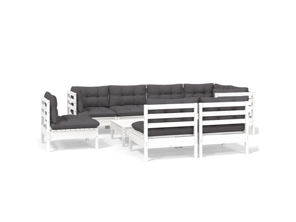 Juego de 9 sillones de jardín con cojines, pino blanco macizo, EXCLUSIVO DE LA CASA
