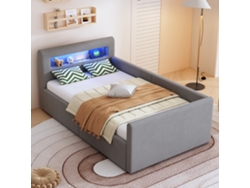 Cama infantil tapizada de 90 x 200 cm con iluminación LED, luz de noche, toma USB, estante y compartimento hidráulico en gris claro.
