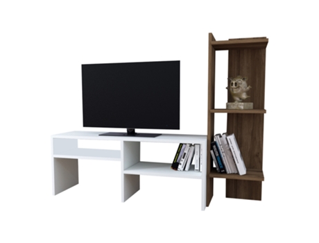 Mesa de TV Jevnaker con estantería aglomerado 137x30x100 cm - Blanco / Roble oscuro EN.CASA