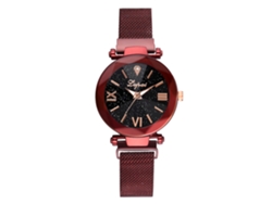 Reloj De Pulsera De Cuarzo Para Mujer Con Correa De Aleación, Diseño De Cielo Estrellado A La Moda Con Diamantes De Imitación Rojos.