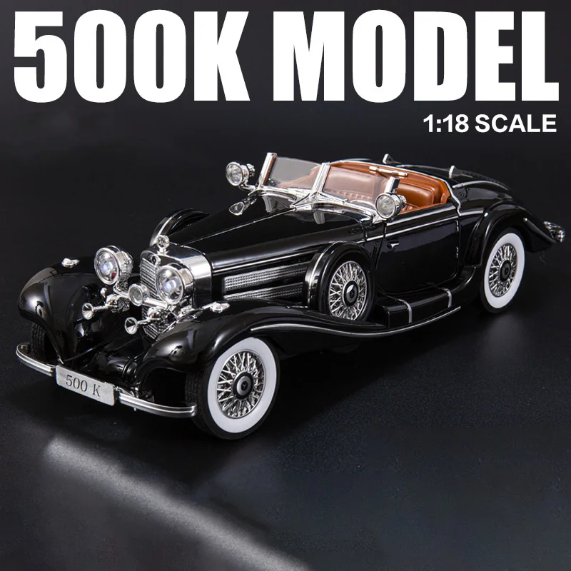 (Negro) 1:18 - Mercedes-Benz 500K - Coche en miniatura - Música, luces, puertas que se abren, adorno para coche