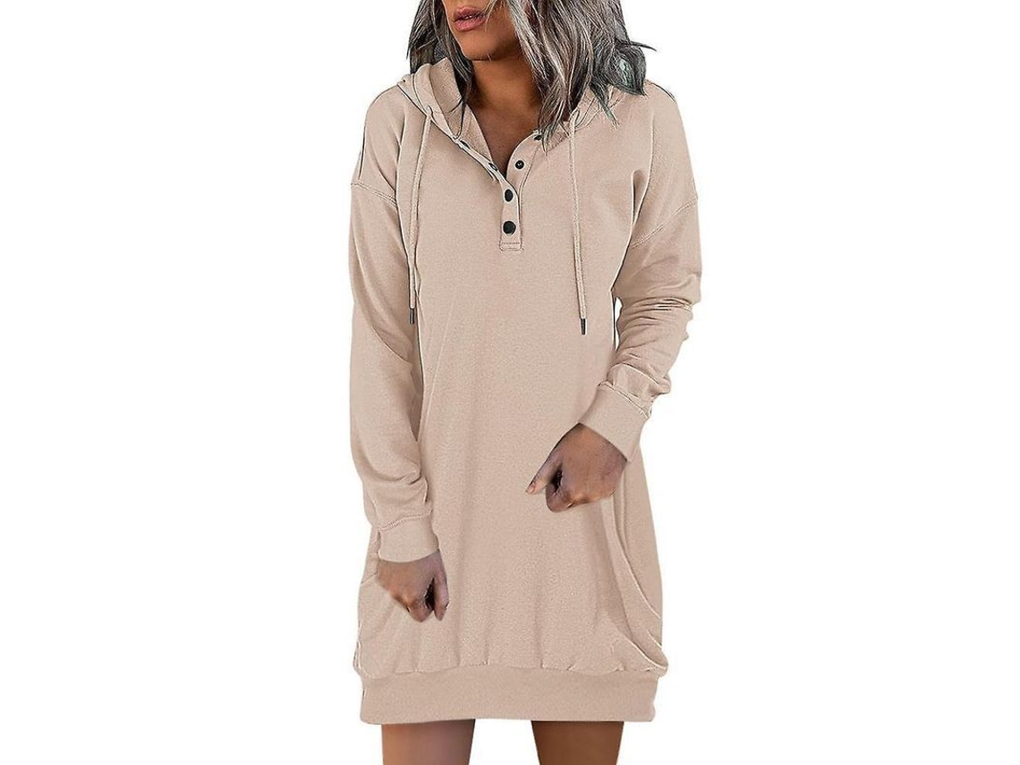 2026-vestido Sudadera Con Capucha Vintage Mujer Otoño Invierno Solido Botones Suelto Casual S Beige