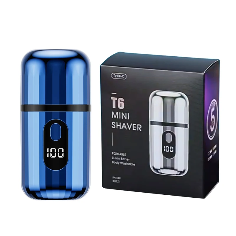 Miniafeitadora eléctrica portátil (azul) para hombre, diseño en forma de cápsula, ideal para viajes y uso doméstico, recargable mediante USB.
