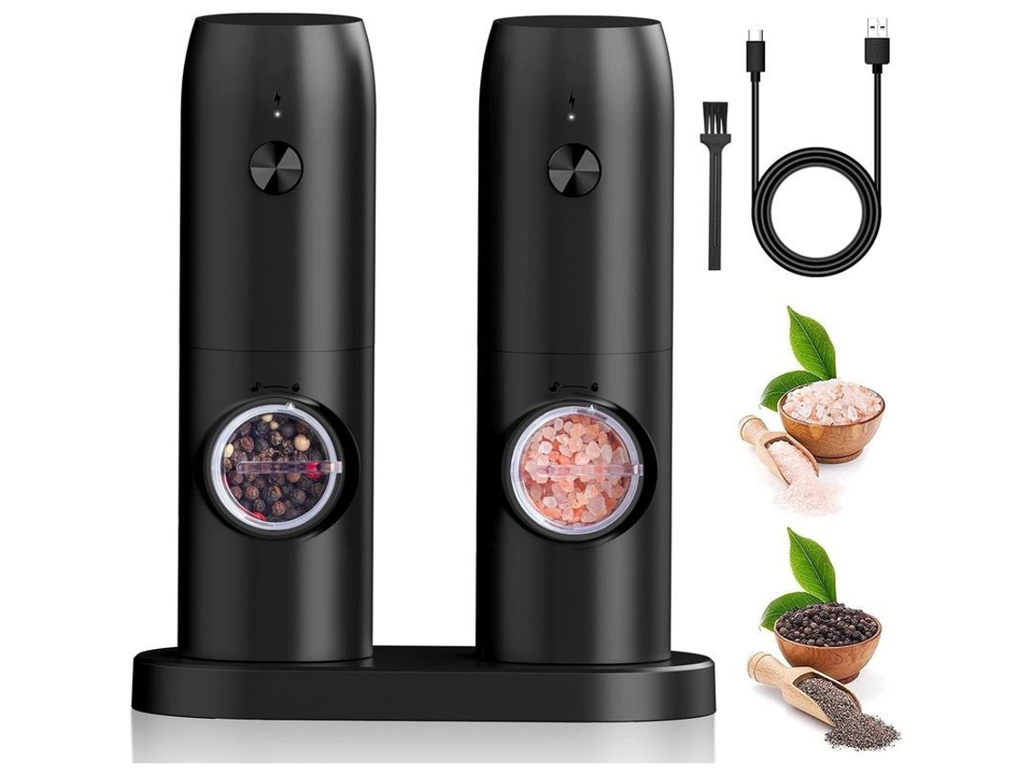 Juego de molinillos eléctricos de sal y pimienta recargables vía USB con base y ajuste de grosor, 2 piezas.