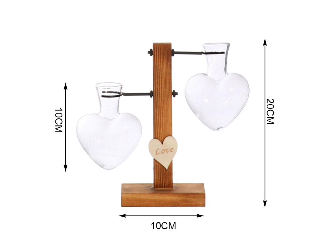 Jarrón de vidrio hidropónico con forma de corazón y marco de madera