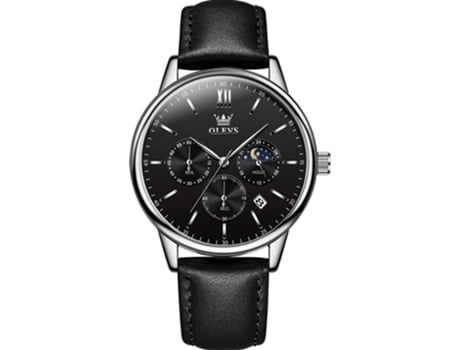 VEANXIN Reloj para Hombre Reloj Cronógrafo de Cuero Genuino Reloj de Cuarzo Impermeable para Hombre Acero Inoxidable(negro)