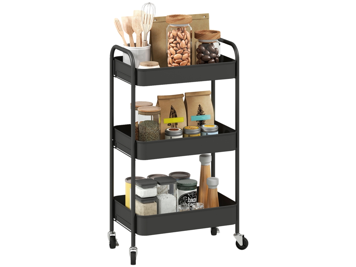Carrito Multiusos 3 Estantes Ruedas 45x30,6x79cm Negro