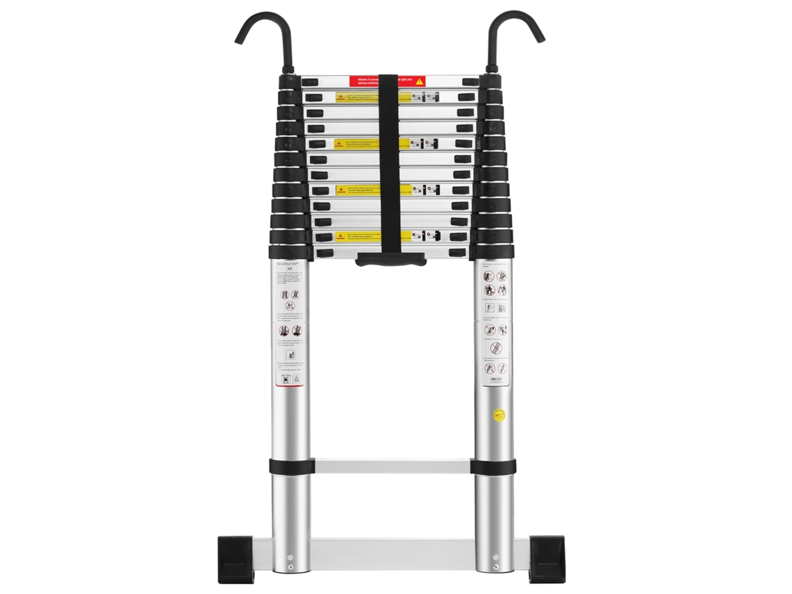 Escalera Telescópica De 5 Metros, Escalera Plegable De Aluminio Con Barra Estabilizadora, Ganchos Y Capacidad De Carga De 150 Kg.